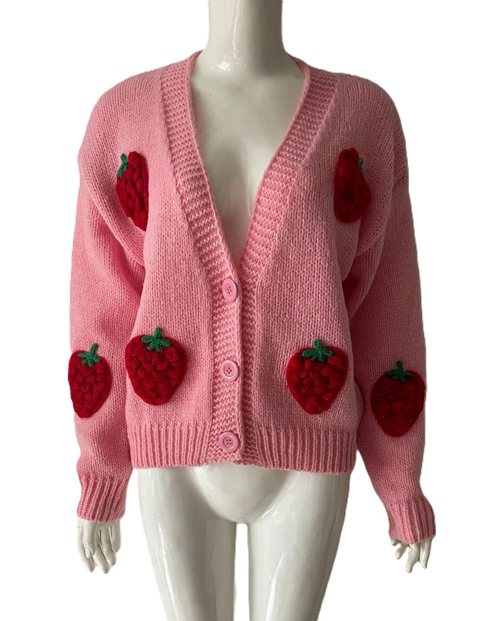 Crochet Fruit And Flower Patch Knit Cardigan - Rose-Red