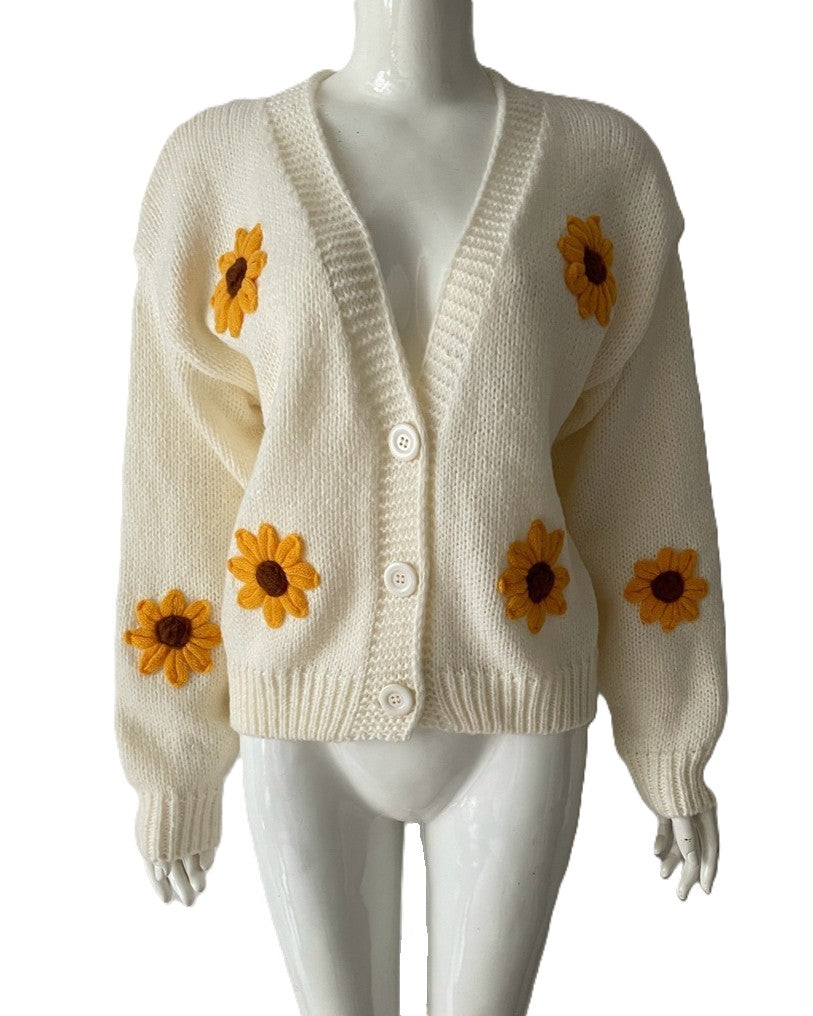 Crochet Fruit And Flower Patch Knit Cardigan - Sunflower