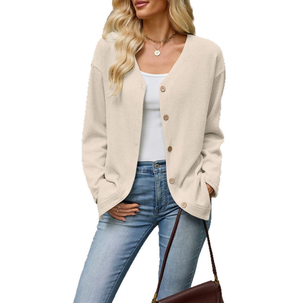 Ribbed Button Down Cardigan with Drop Shoulders - Apricot