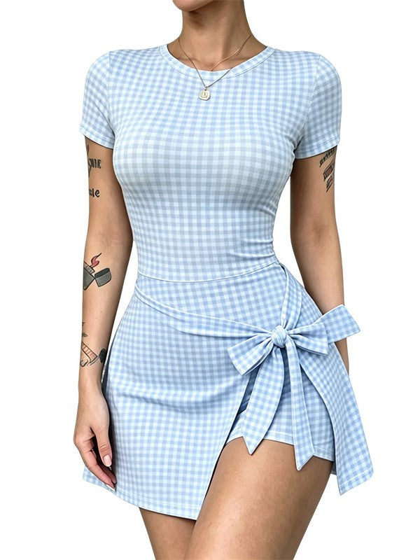 Bow-Front Bodycon Check Mini Dress with Short Sleeves - Blue