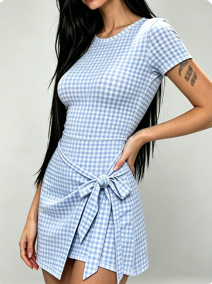 Bow-Front Bodycon Check Mini Dress with Short Sleeves - view 11