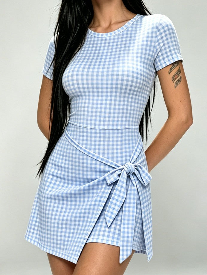 Bow-Front Bodycon Check Mini Dress with Short Sleeves - view 12