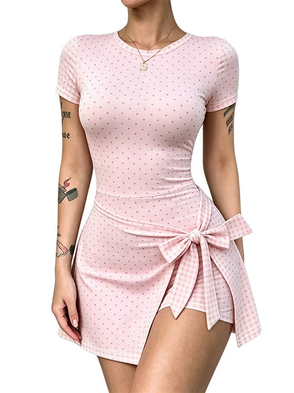 Bow-Front Bodycon Check Mini Dress with Short Sleeves - PinkDot