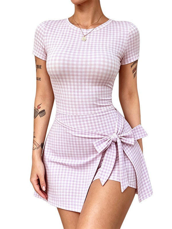 Bow-Front Bodycon Check Mini Dress with Short Sleeves - Pink