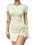 Bow-Front Bodycon Check Mini Dress with Short Sleeves - Yellow