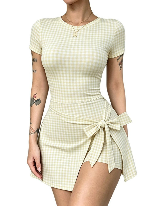 Bow-Front Bodycon Check Mini Dress with Short Sleeves - Yellow