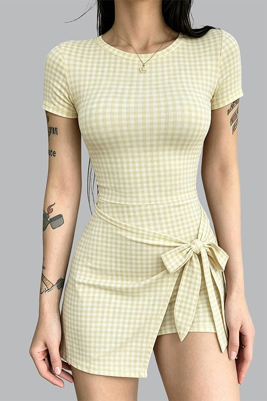 Bow-Front Bodycon Check Mini Dress with Short Sleeves - view 5