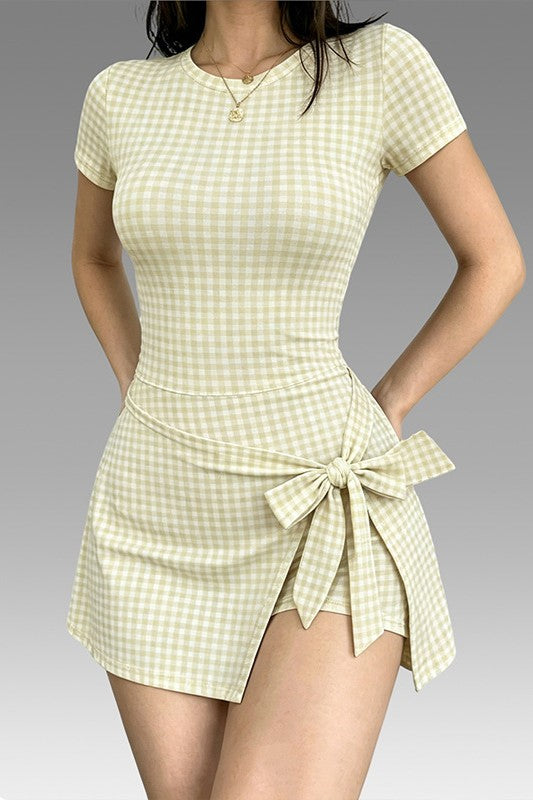 Bow-Front Bodycon Check Mini Dress with Short Sleeves - view 6