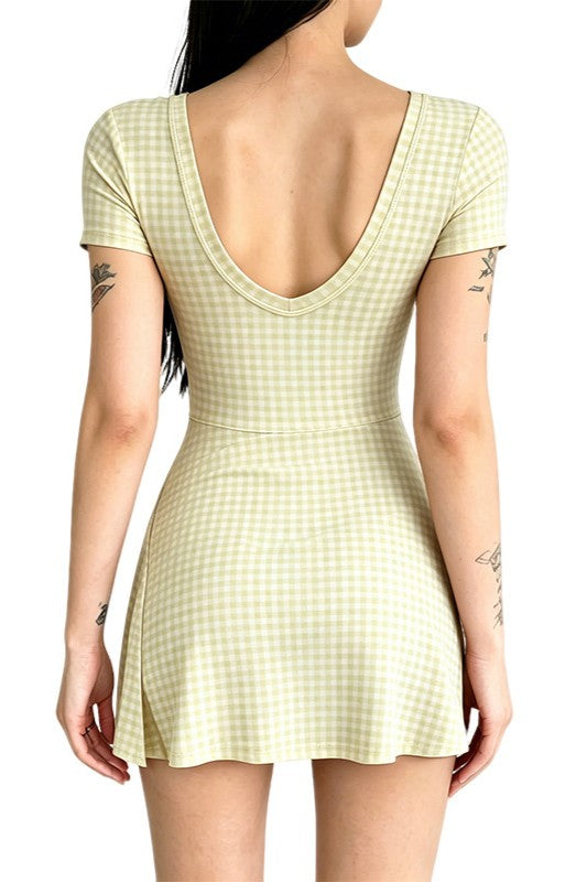 Bow-Front Bodycon Check Mini Dress with Short Sleeves - view 7