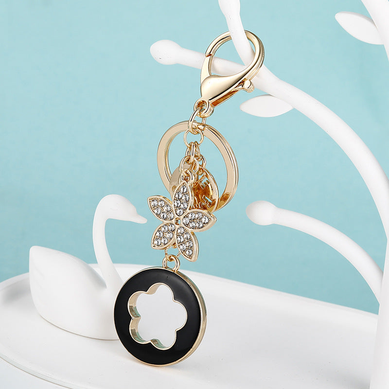 Clover Charm Rhinestone Butterfly Keychain - Black