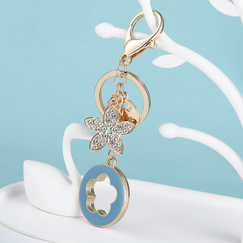 Clover Charm Rhinestone Butterfly Keychain - Blue