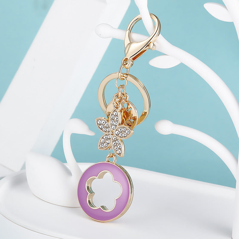 Clover Charm Rhinestone Butterfly Keychain - Purple