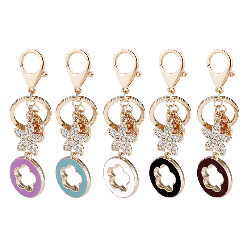 Clover Charm Rhinestone Butterfly Keychain