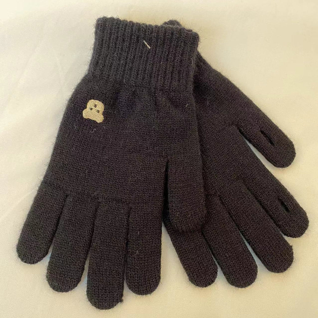 Embroidered Bear Open Fingertip Knit Gloves - Black