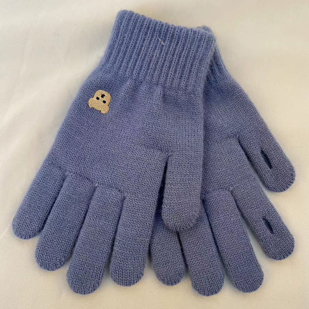 Embroidered Bear Open Fingertip Knit Gloves - Blue