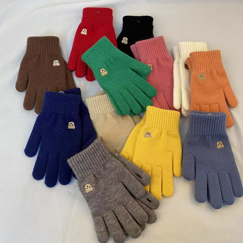 Embroidered Bear Open Fingertip Knit Gloves - Coffee