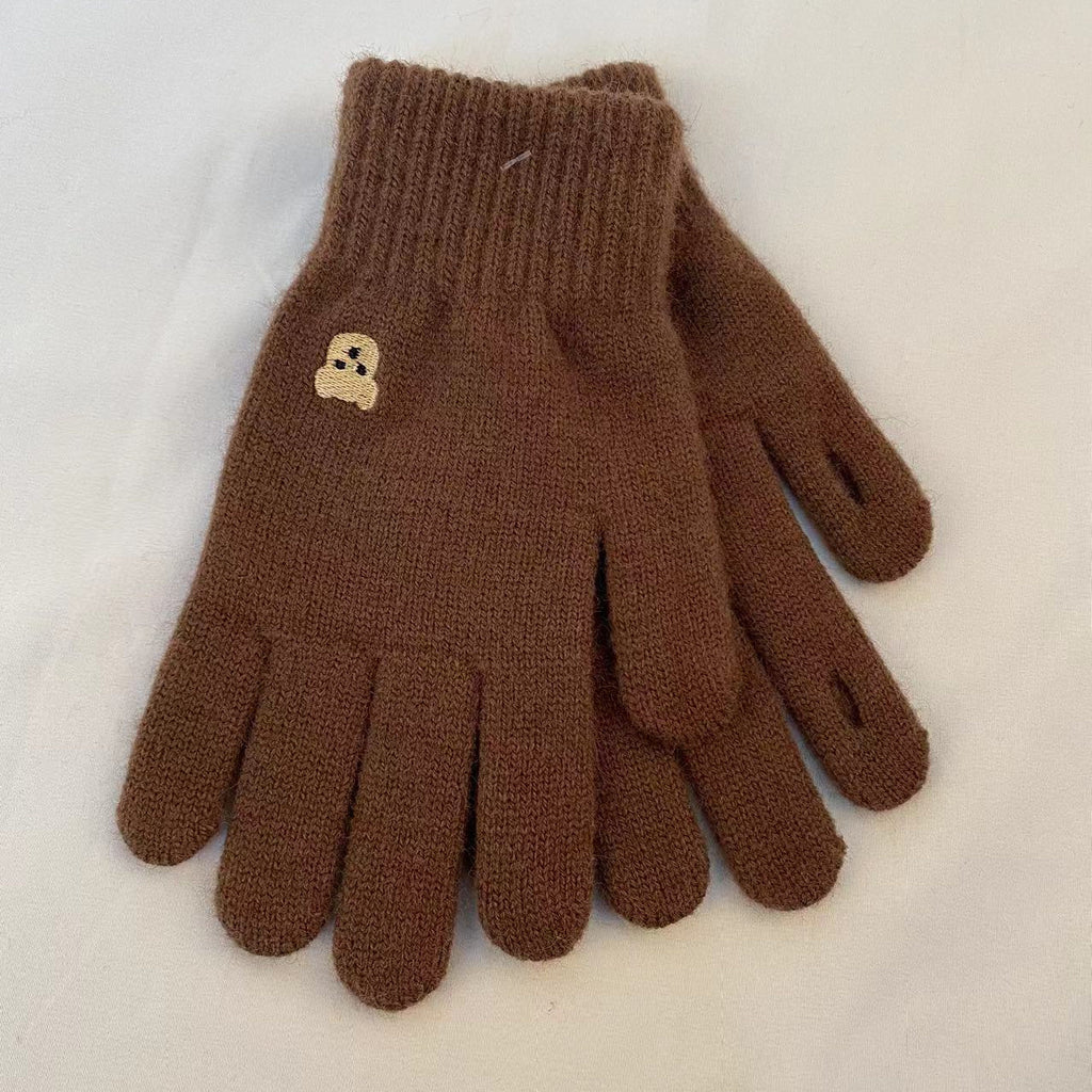 Embroidered Bear Open Fingertip Knit Gloves - Coffee - 1