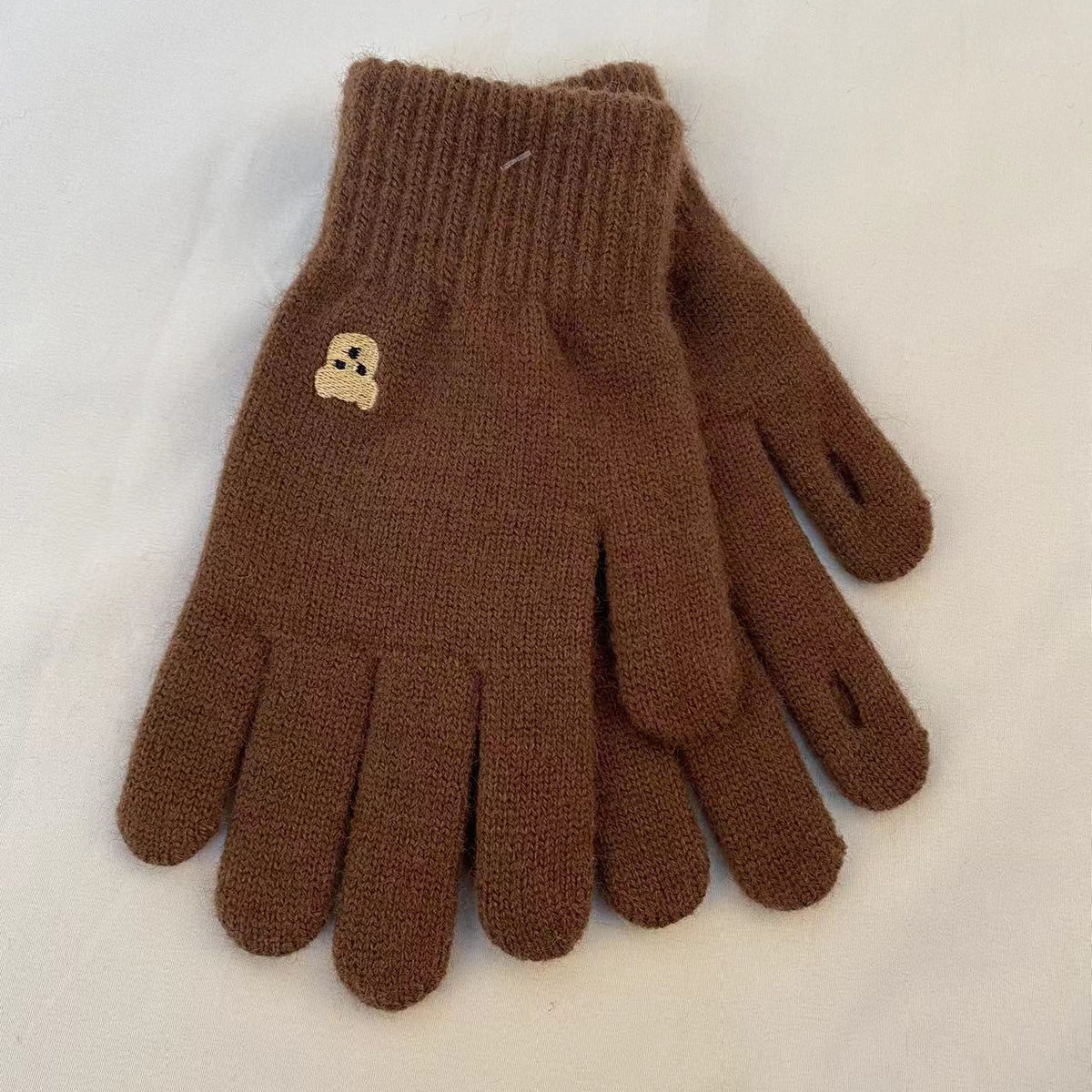 Embroidered Bear Open Fingertip Knit Gloves - Coffee - 1