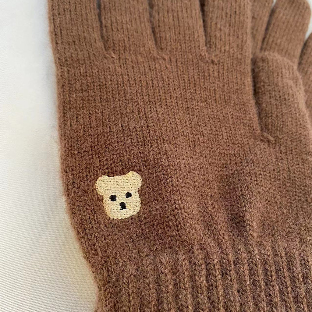 Embroidered Bear Open Fingertip Knit Gloves - Coffee - 3