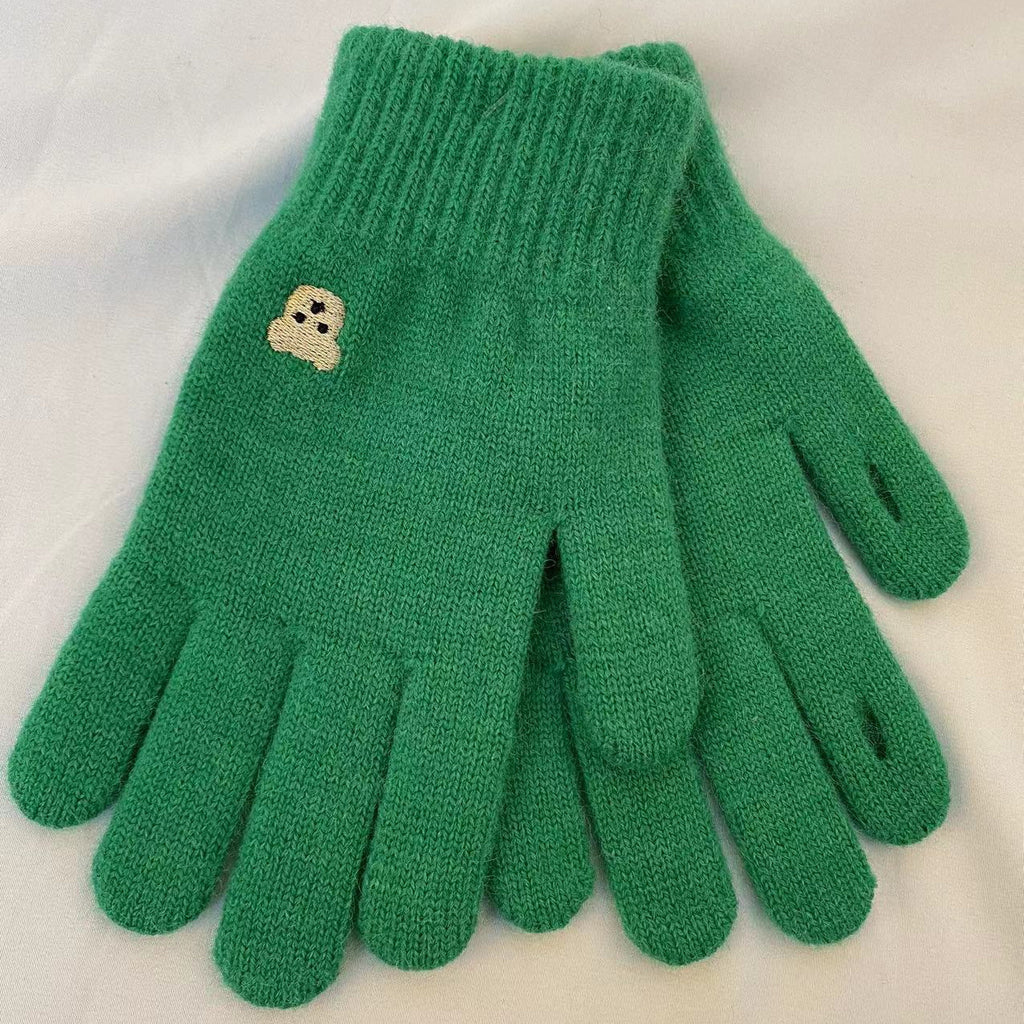 Embroidered Bear Open Fingertip Knit Gloves - Green