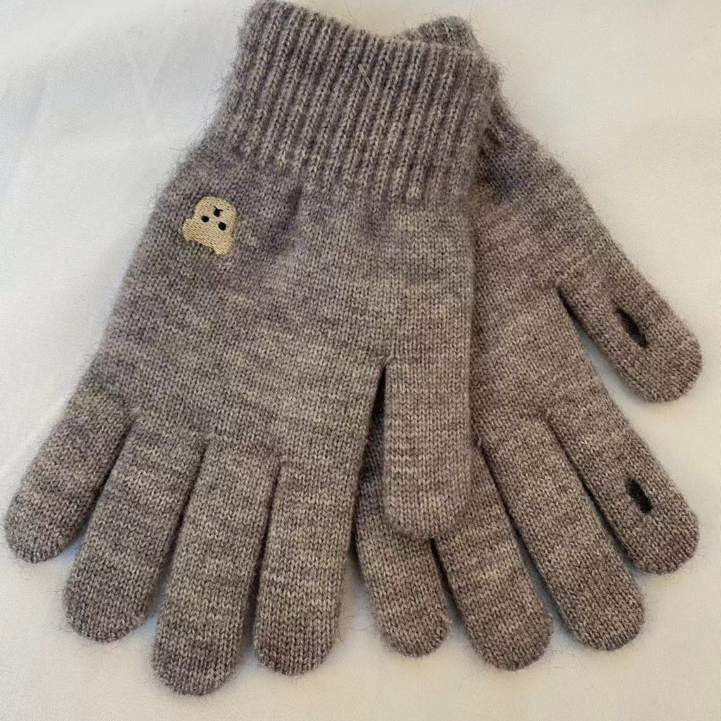 Embroidered Bear Open Fingertip Knit Gloves - Grey