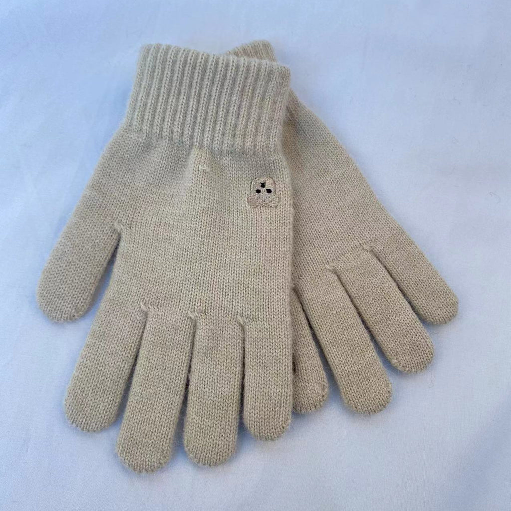 Embroidered Bear Open Fingertip Knit Gloves - Khaki