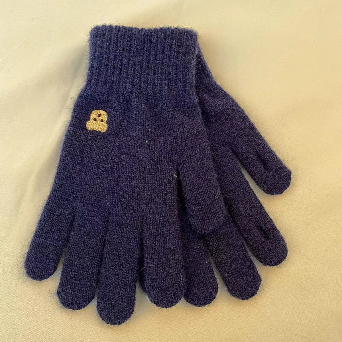 Embroidered Bear Open Fingertip Knit Gloves - Navy
