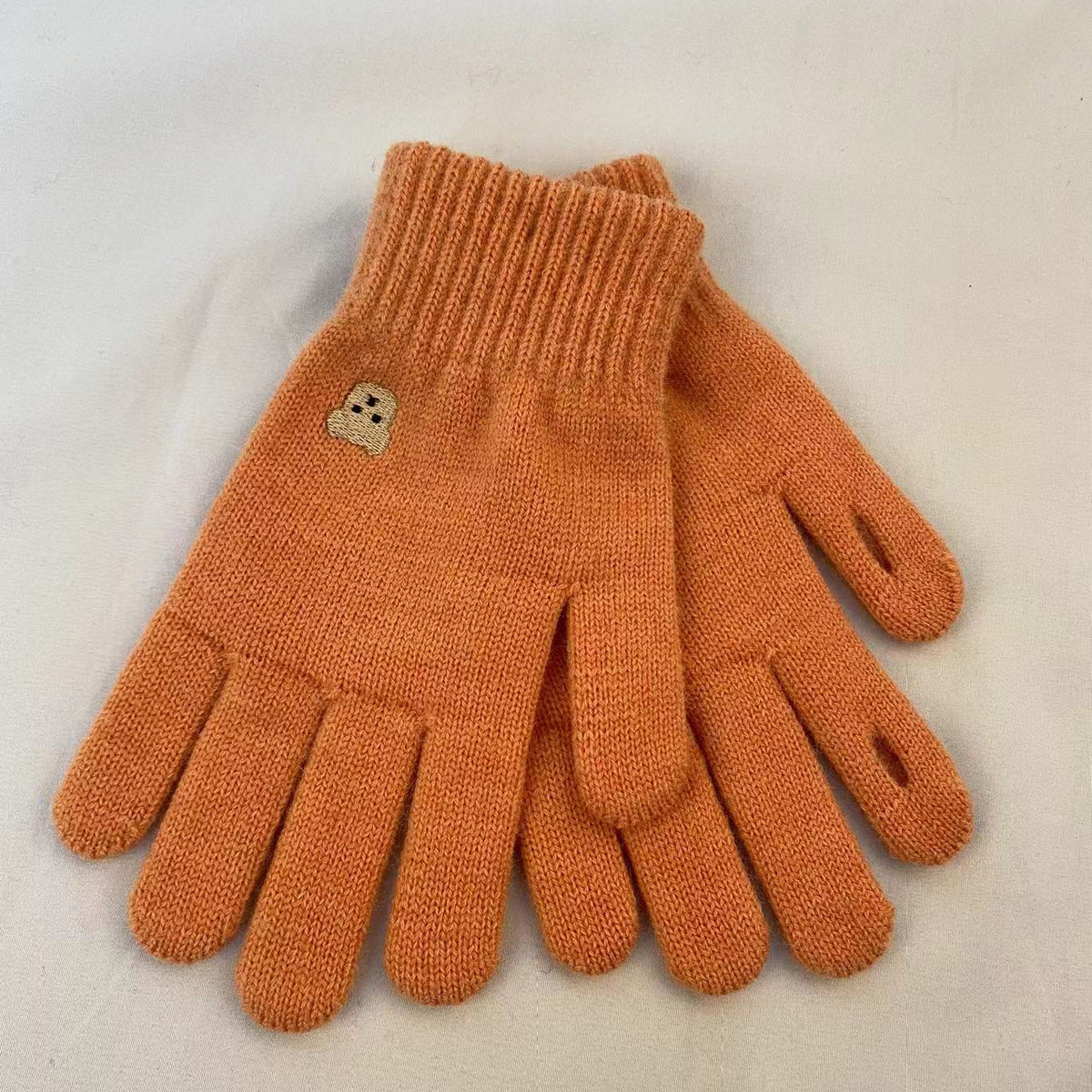 Embroidered Bear Open Fingertip Knit Gloves - Orange