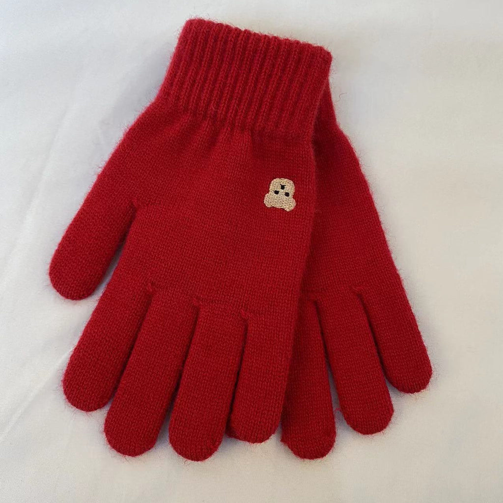 Embroidered Bear Open Fingertip Knit Gloves - Red