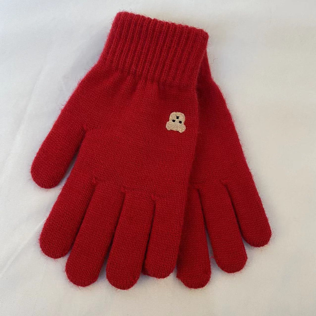 Embroidered Bear Open Fingertip Knit Gloves - Red