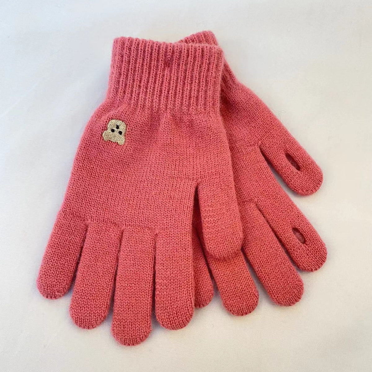 Embroidered Bear Open Fingertip Knit Gloves - Rose
