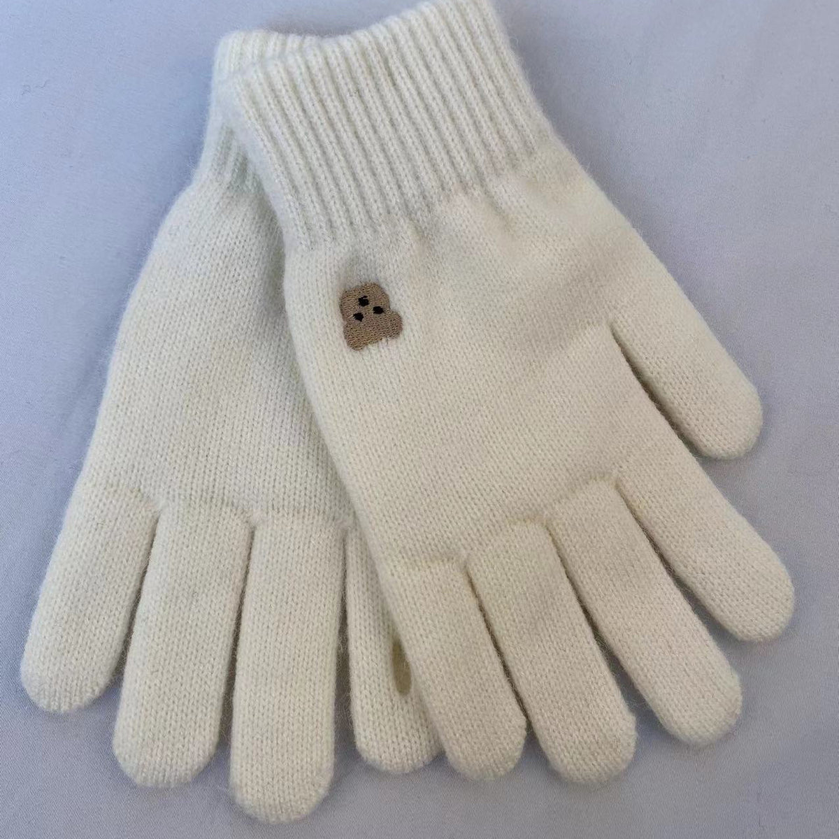 Embroidered Bear Open Fingertip Knit Gloves - White