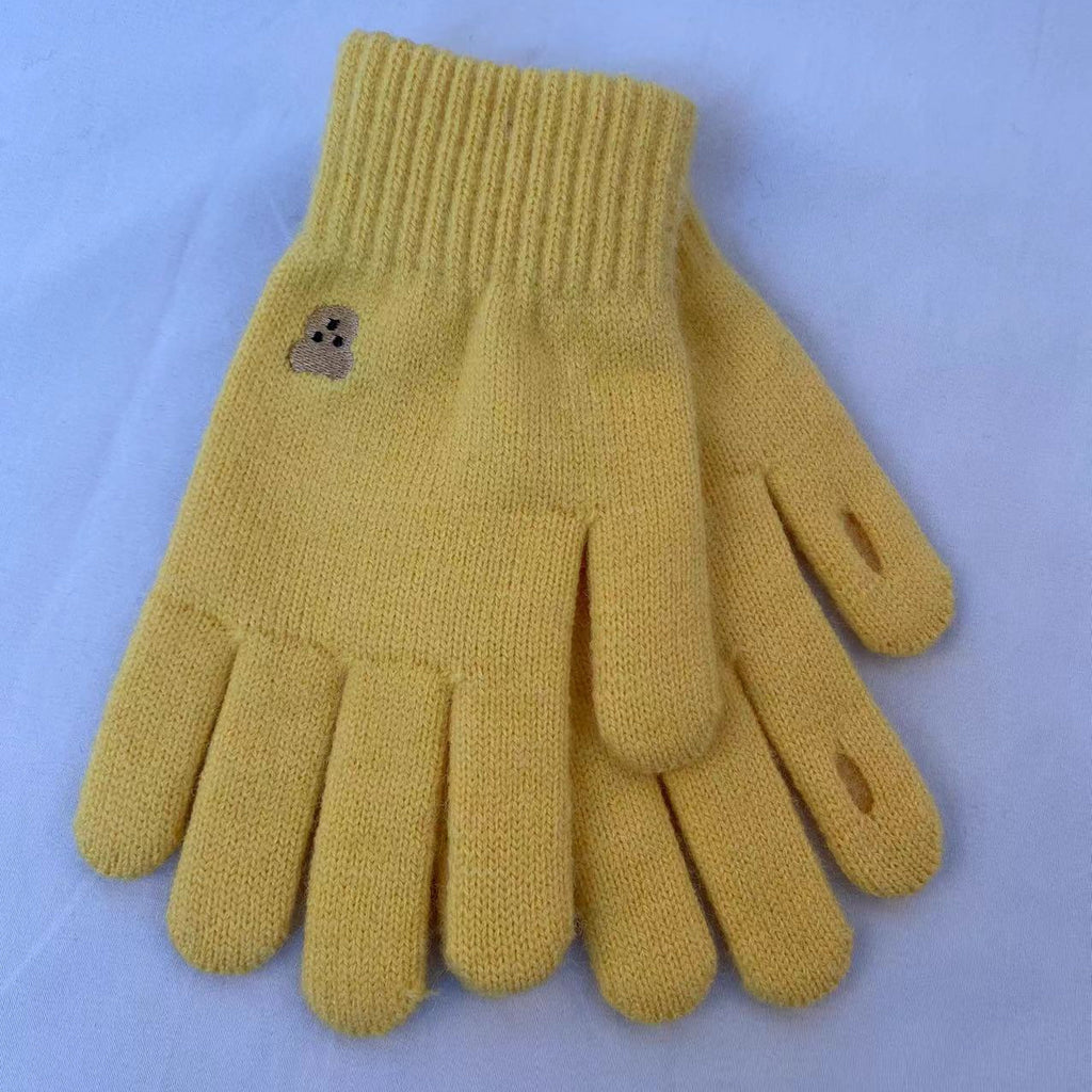 Embroidered Bear Open Fingertip Knit Gloves - Yellow