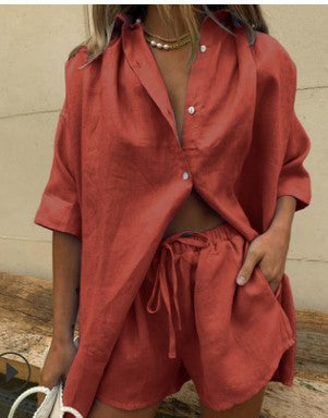 Relaxed Shirt And Drawstring Shorts Set - red