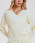 Varsity Chevron Stripe Cropped V Neck Sweatshirt - Yellow