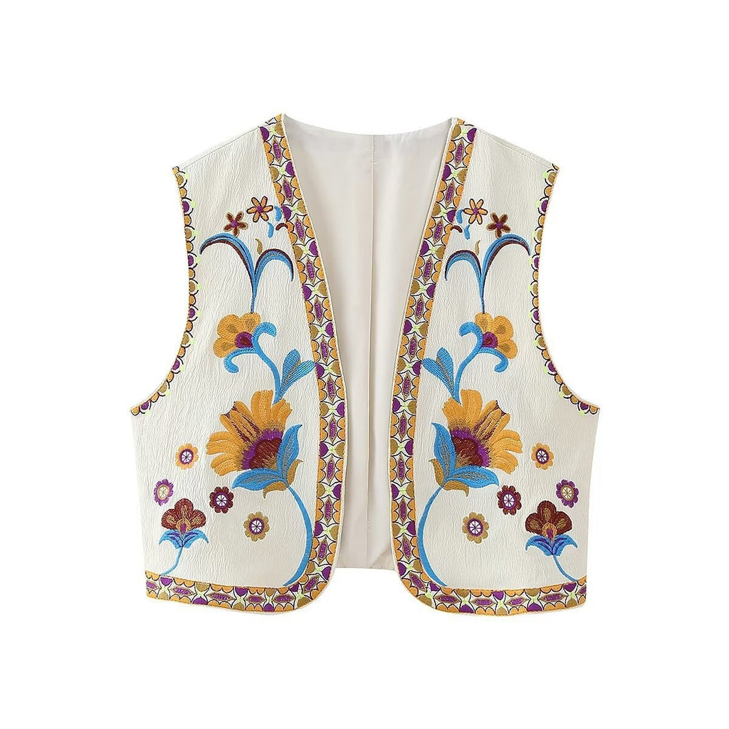 Floral Embroidered Open Front Cropped Vest - Blue