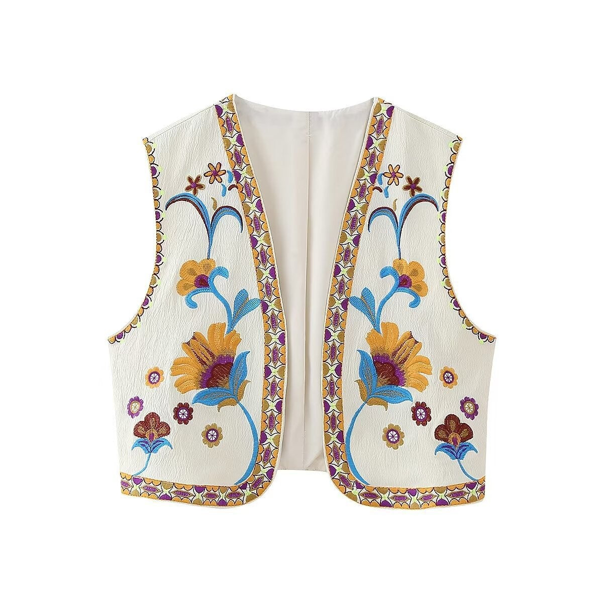Floral Embroidered Open Front Cropped Vest - Blue