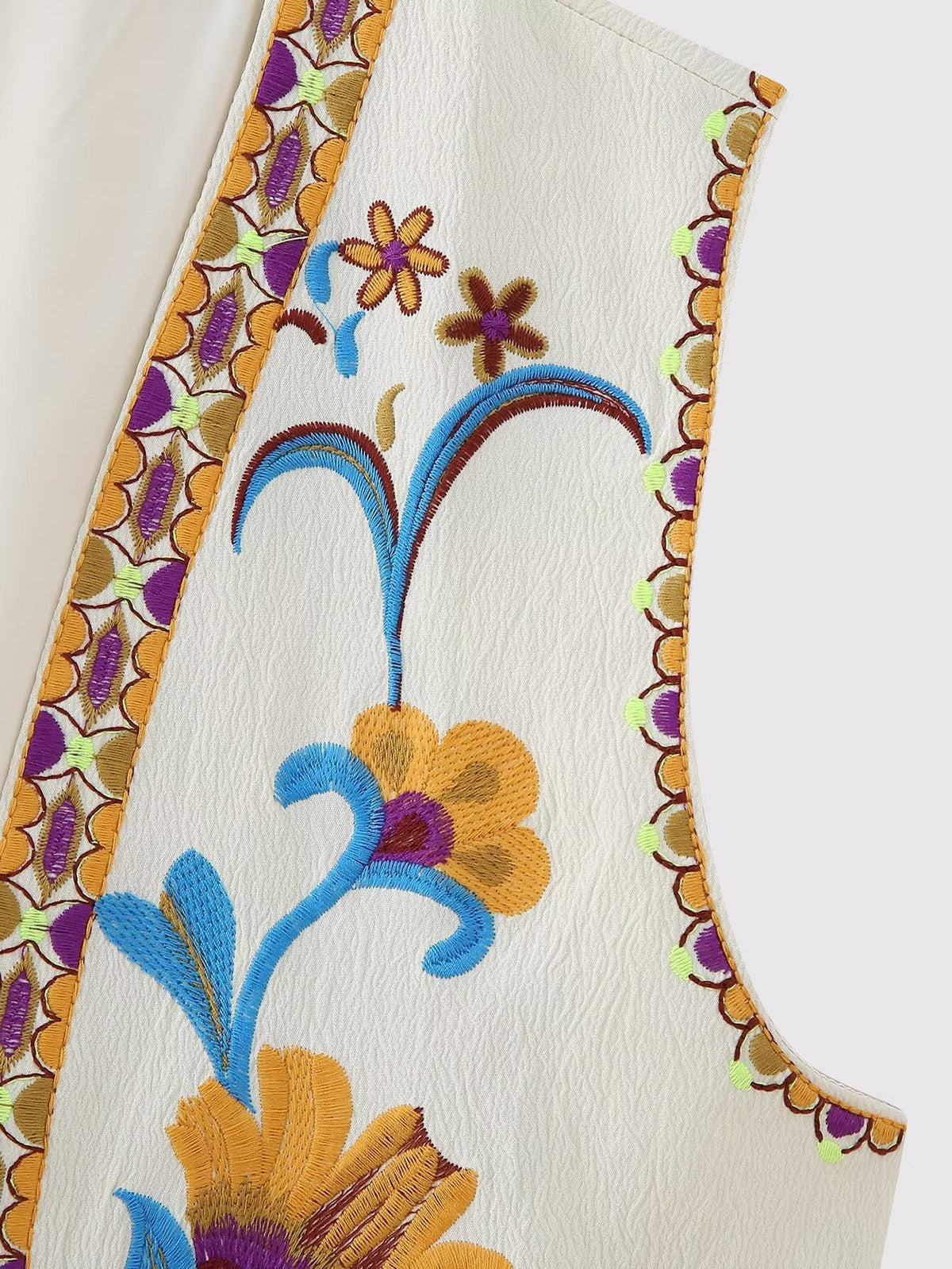 Floral Embroidered Open Front Cropped Vest - Blue - 1
