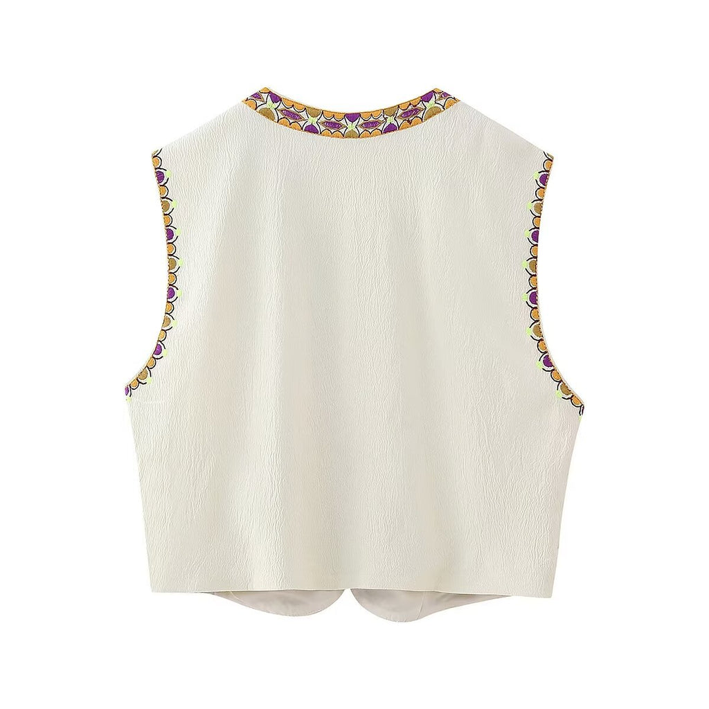 Floral Embroidered Open Front Cropped Vest - Blue - 6