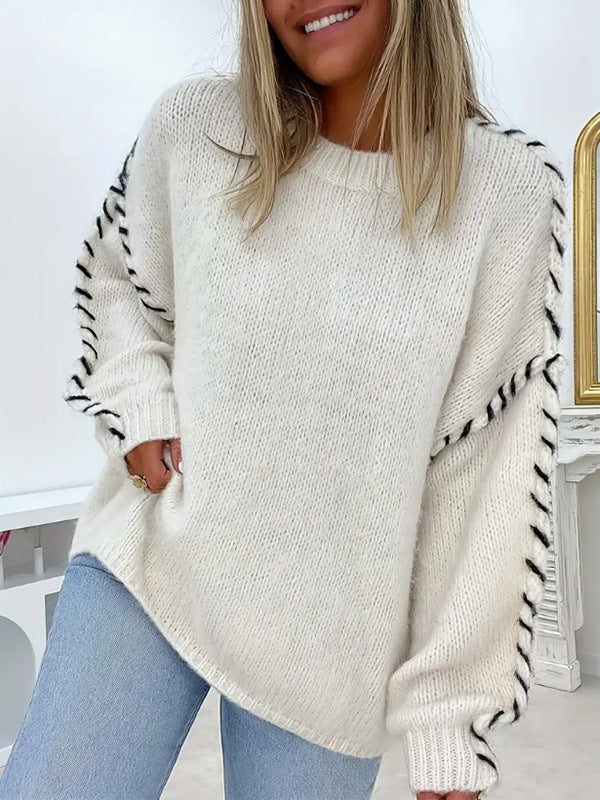 Exposed Seam Whipstitch Oversized Jumper - Beige