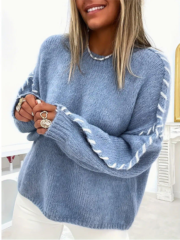 Exposed Seam Whipstitch Oversized Jumper - Blue - 1