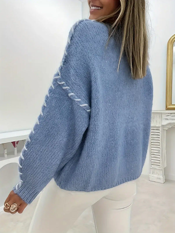 Exposed Seam Whipstitch Oversized Jumper - Blue - 2