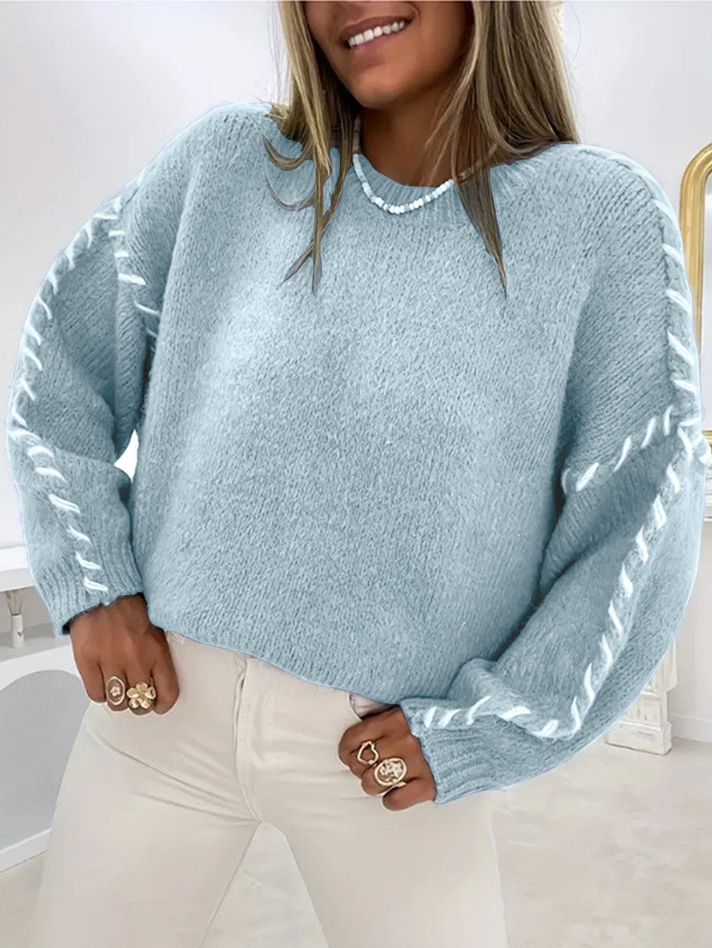 Exposed Seam Whipstitch Oversized Jumper - LTBlue