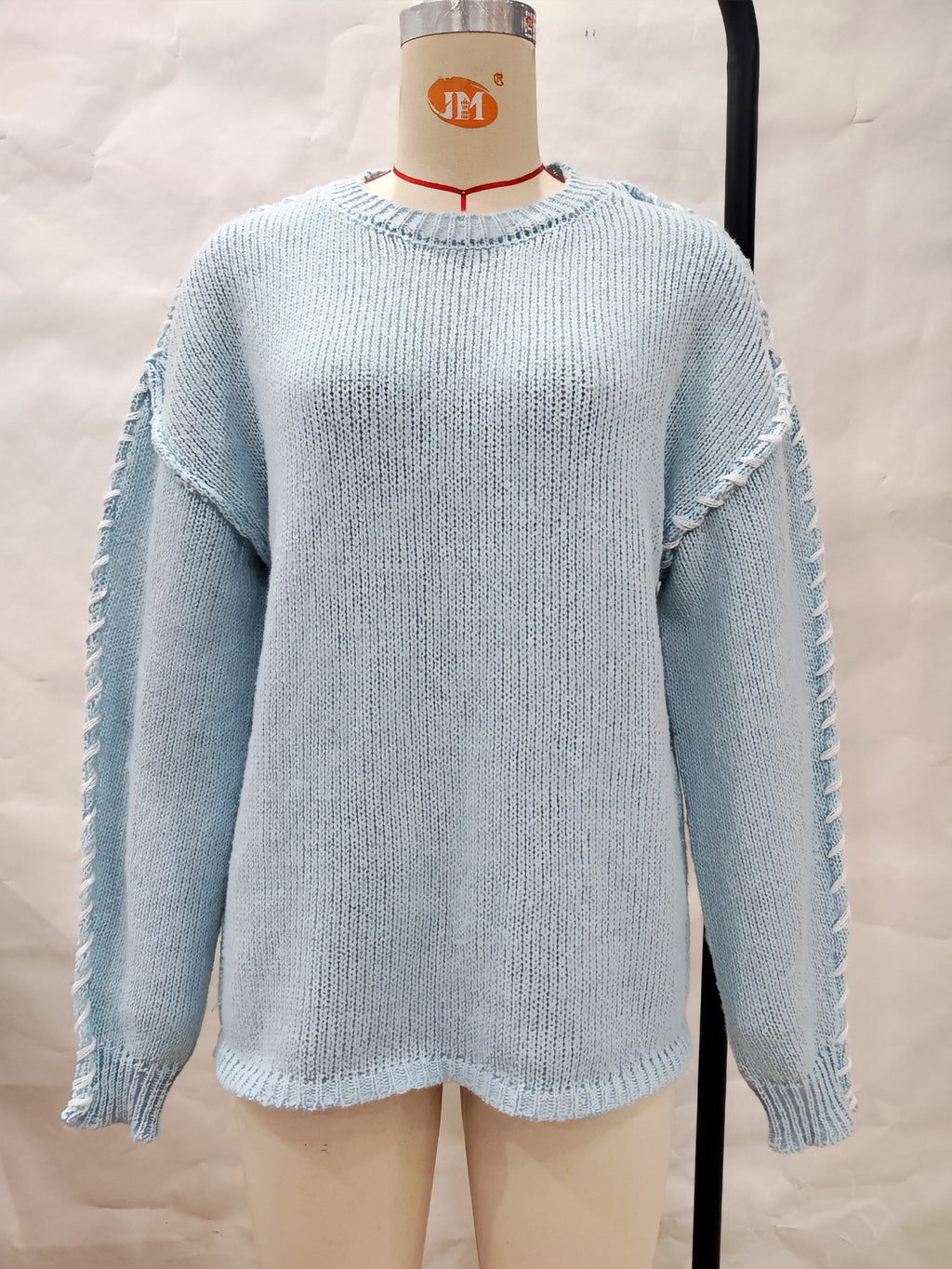 Exposed Seam Whipstitch Oversized Jumper - LTBlue - 1