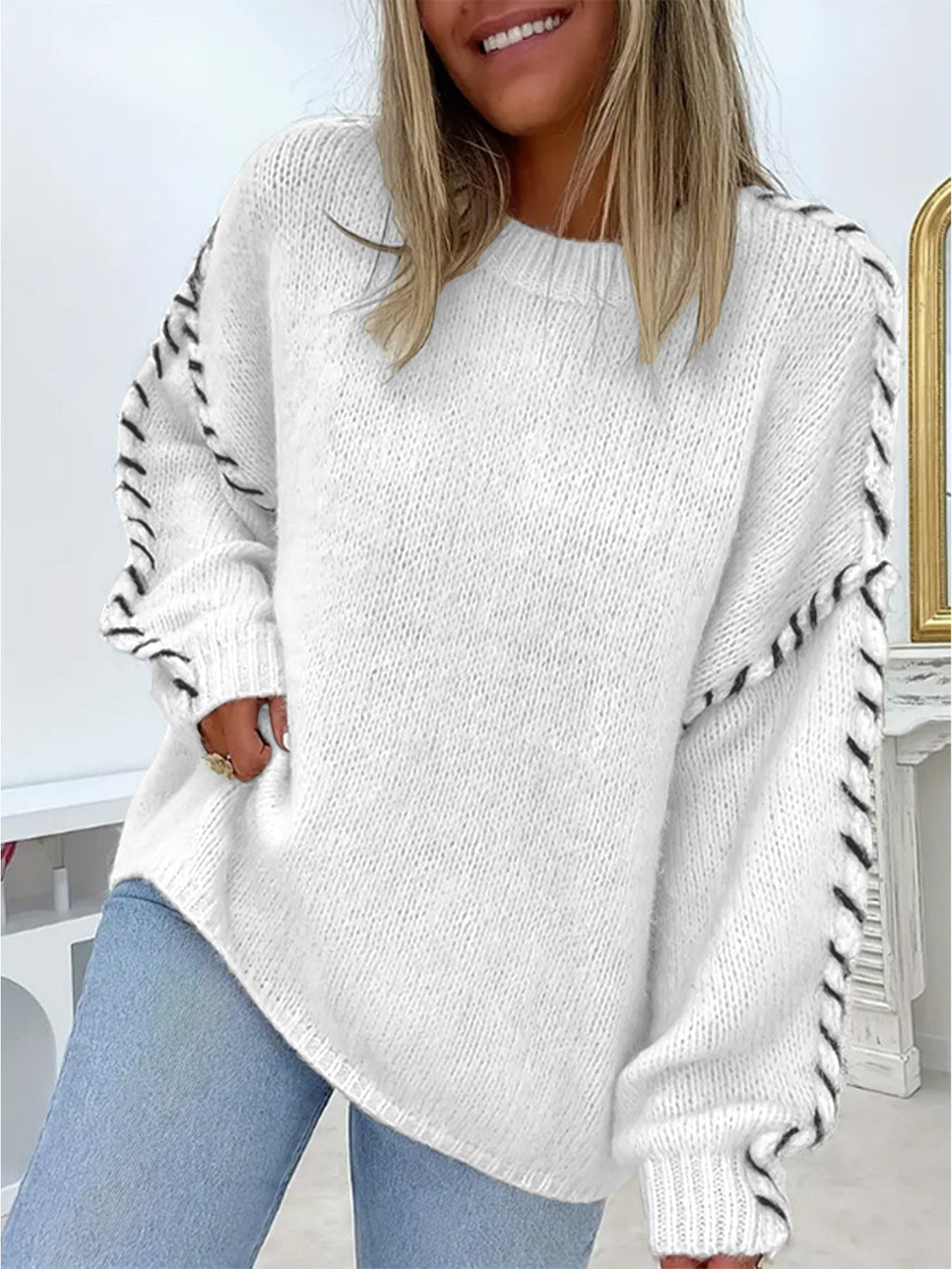 Exposed Seam Whipstitch Oversized Jumper - White