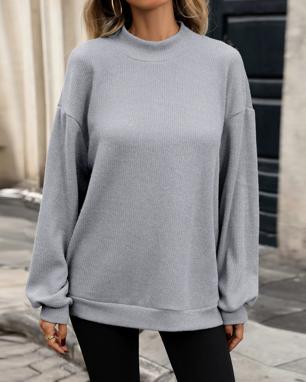 Mock Neck Sweatshirt Relaxed Drop Shoulder Pullover - Grey - 1