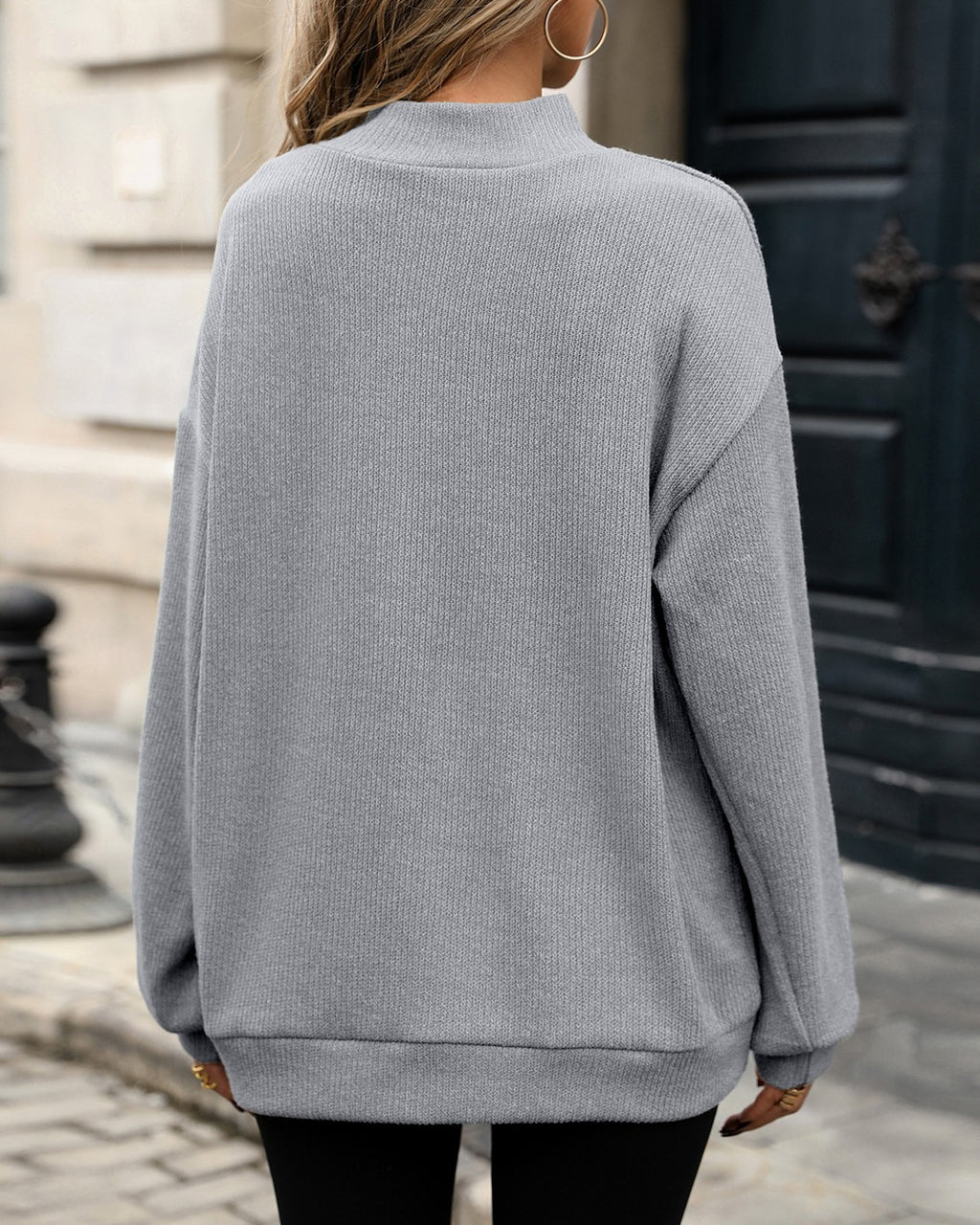 Mock Neck Sweatshirt Relaxed Drop Shoulder Pullover - Grey - 2