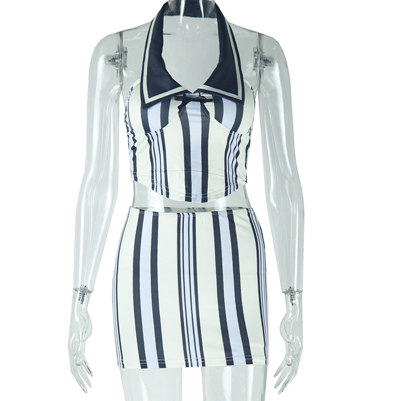 Striped Sailor Collar Halter Top Skirt Set - white - 2