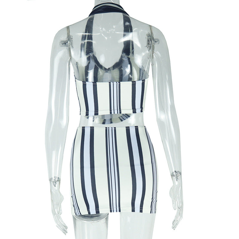 Striped Sailor Collar Halter Top Skirt Set - white - 3