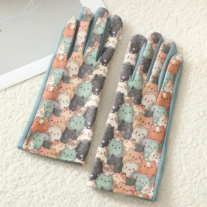 Cat and Dog Print Fleece Lined Gloves - Color_1